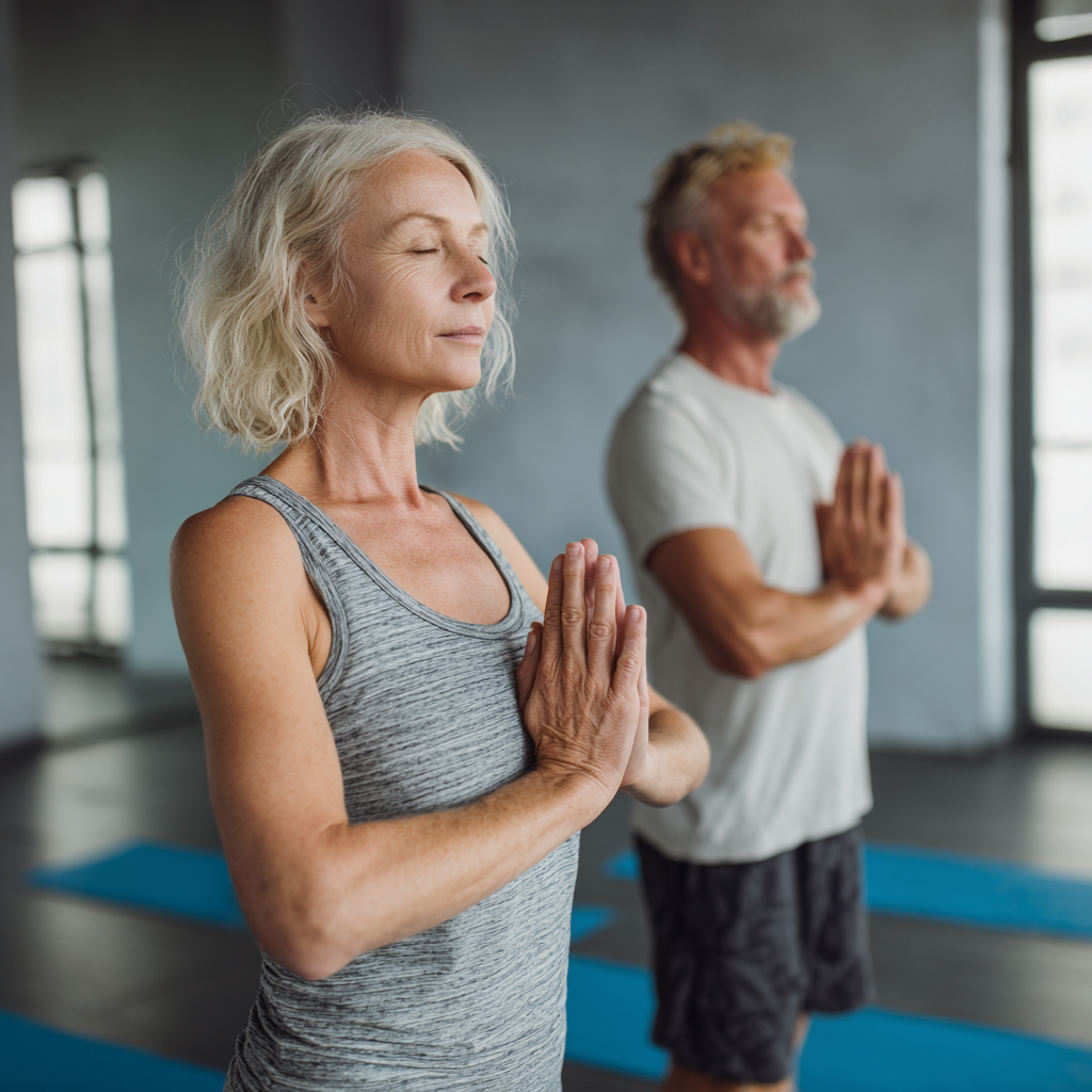 Mature adults practicing gentle yoga poses in peaceful studio setting