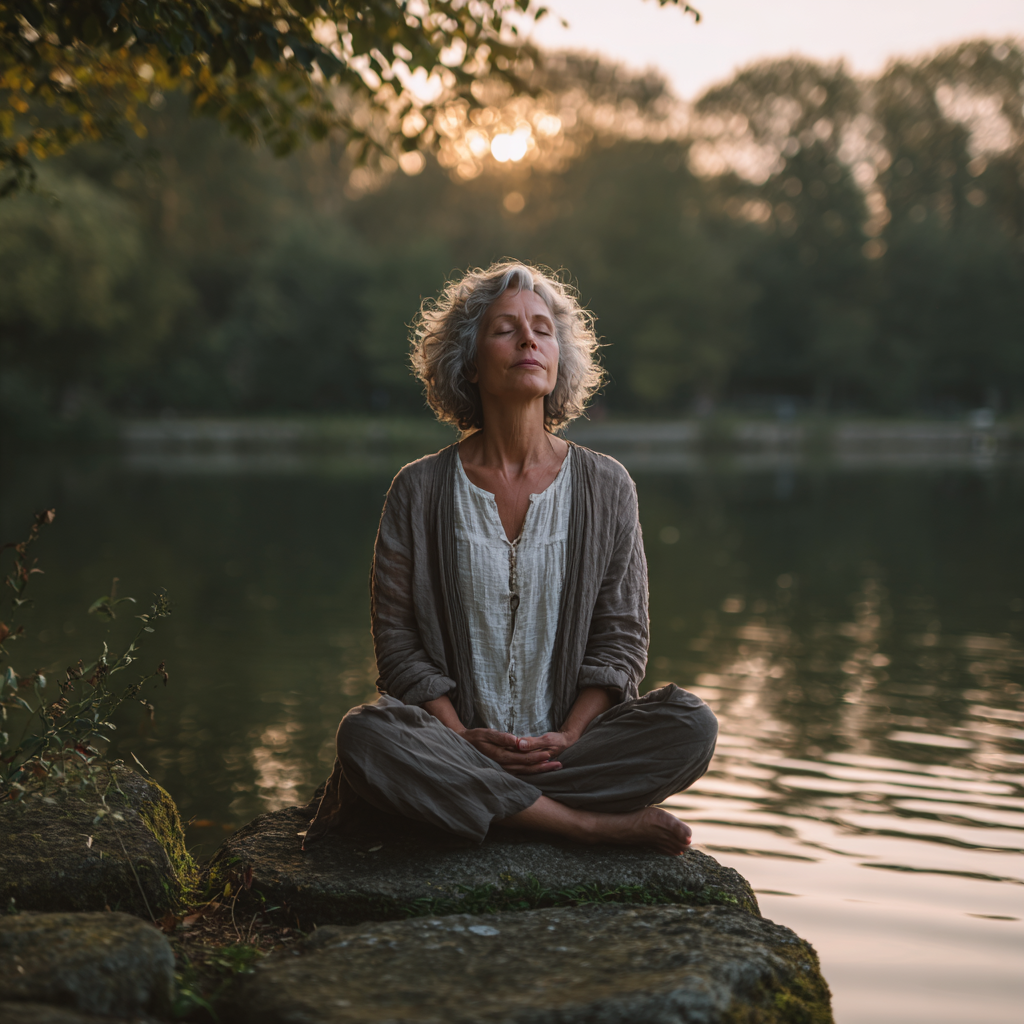 Peaceful middle aged woman practicing meditation in serene natural environment